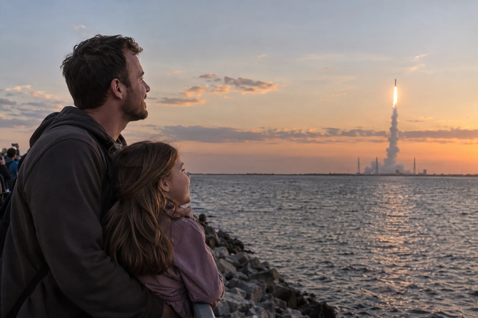 AI-generated scene of a father and daughter watching a distant rocket launch across the water at dusk.
